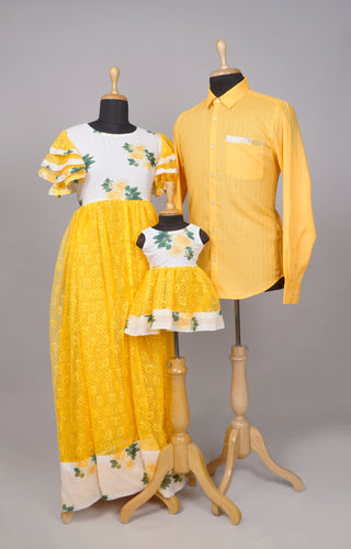 Sunny Yellow Floral Lace Family Outfit Set – Fresh & Festive Twinning Wear