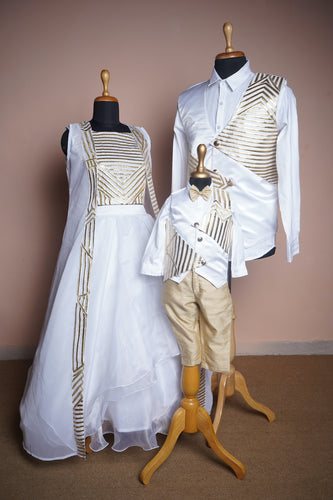 White & Gold Royal Family Matching Outfit Set – Modern Gown, Ethnic Shirt Vest & Kids Tux Combo