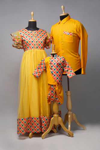 Sunshine Yellow & Multicolor Scallop Print Family Outfit Set – Radiant Celebration Wear