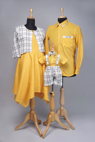 Mustard Yellow & Grey Check Family Matching Set – Coordinated Shirt, Dress & Baby Suspender Outfit