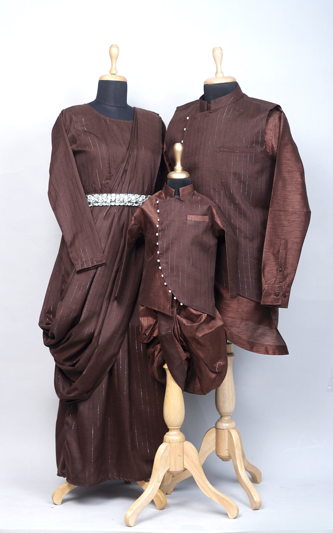 Chocolate Brown Family Matching Set – Saree Gown, Kurta Dhoti & Shirt Combo  – Anveshana Clothing
