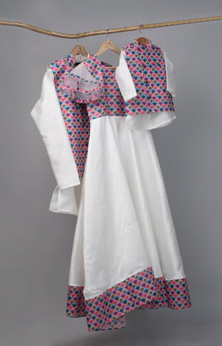 White & Pastel Mosaic Family Outfit Set – Elegant Ivory Base with Joyful Prints