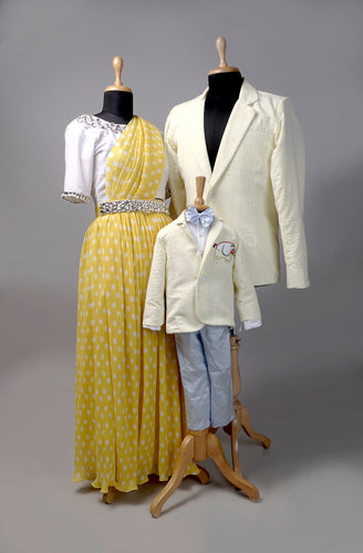 Sunny Yellow Polka Dot & Pastel Blazer Family Outfit Set – Mom, Dad & Son