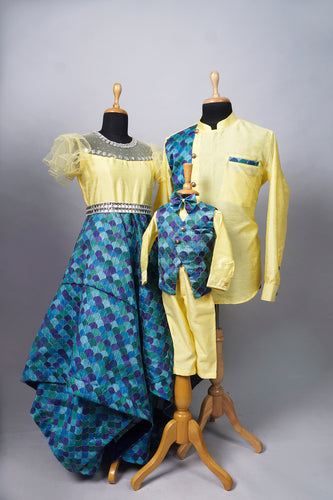 Sunlit Yellow & Blue Scales Family Matching Outfit Set – Mom, Dad & Son
