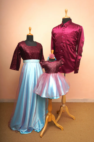 Burgundy & Blue Family Matching Outfit Set – Elegant Evening Glam