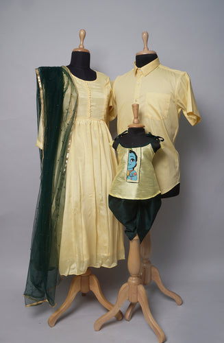 Yellow & Green Krishna Family Matching Outfit Set – With Baby Krishna Embroidered Dhoti Set