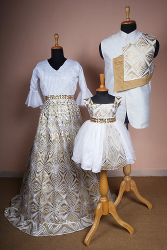 White and Gold Geometric Family Outfit Set – Layered Gown, Asymmetric Jacket & Tulle Frock Combo