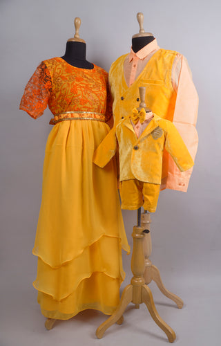Golden Yellow Family Matching Outfit Set – Embroidered Gown, Velvet Blazer & Shirt Combo