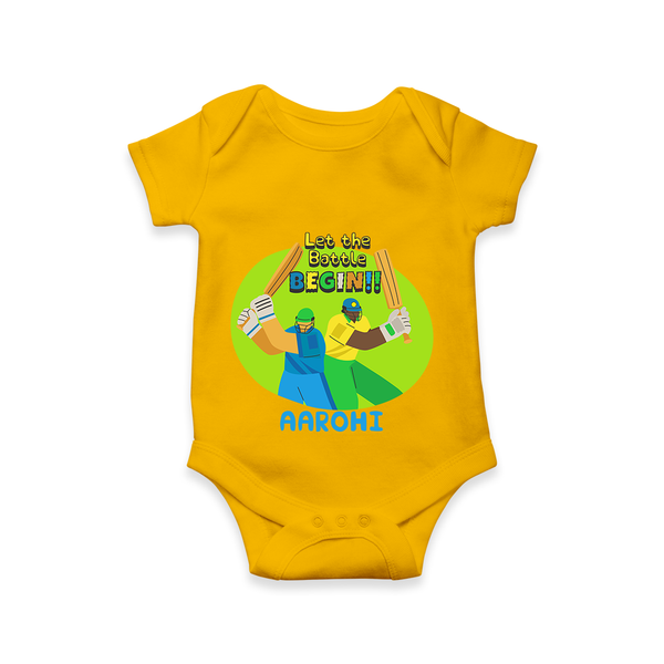 "Let the Battle BEGIN" Customisecd Romper - CHROME YELLOW - 0 - 3 Months Old (Chest 16")