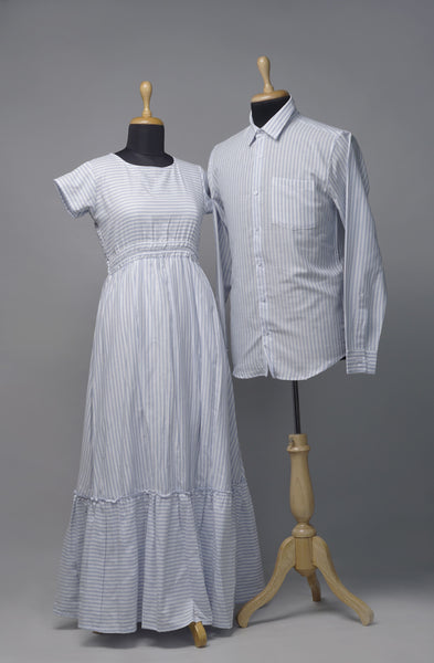 Minimalist blue & white striped coordinated family outfit set — mom cotton maxi dress and dad full-sleeve striped shirt — Anveshana Clothing.