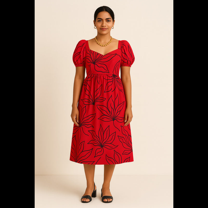 Indian woman wearing a red puff sleeve midi dress with bold black floral prints, styled for a chic festive look.