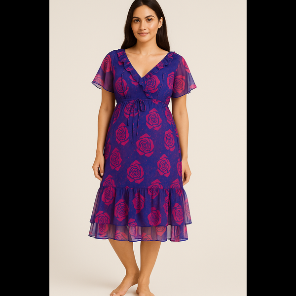 Midnight Bloom Rose-Print Georgette Midi Dress – V-Back Design