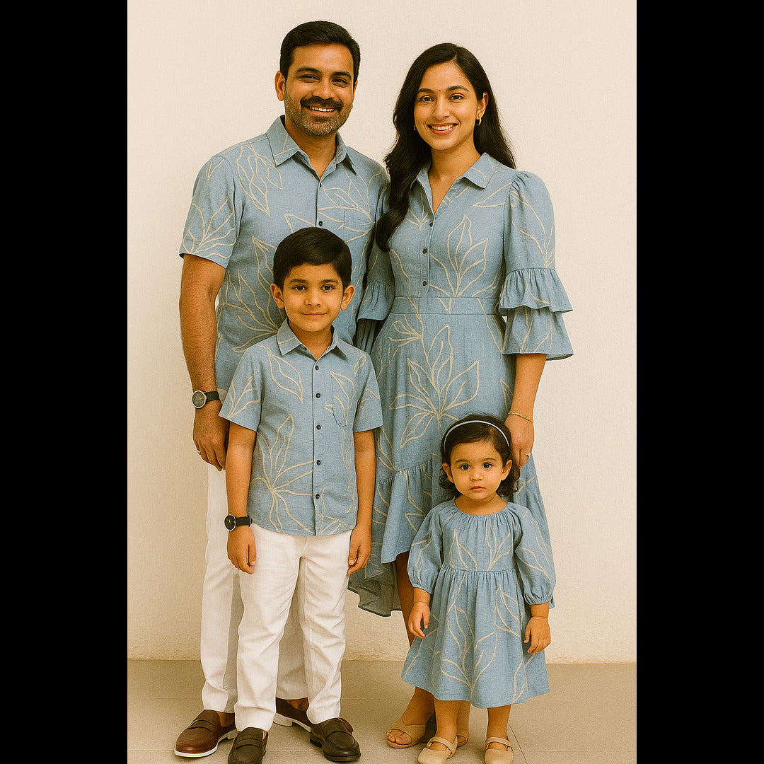 Elegant Blue Leaf Pattern Family Matching Set – Stylish Family Co-ords ...