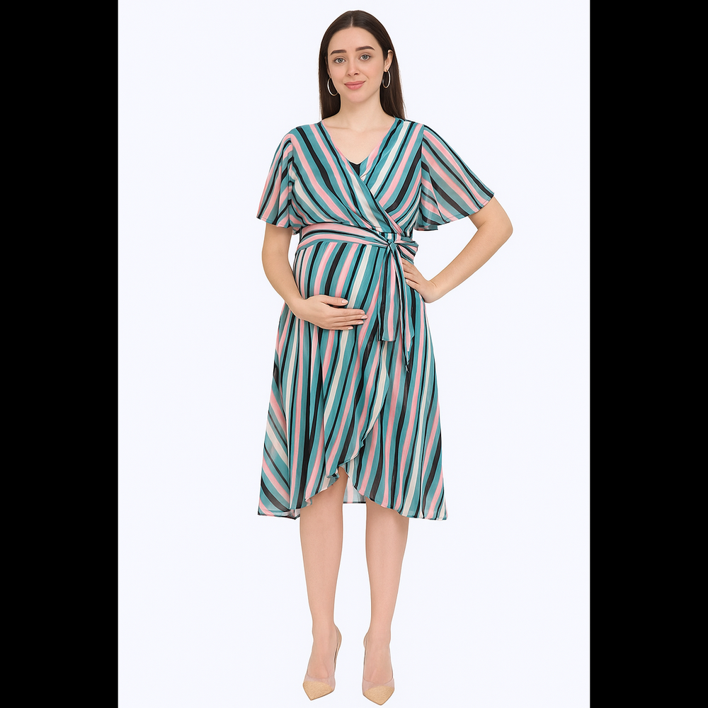 Striped V-Neck Wrap Dress – Teal Pink Mix