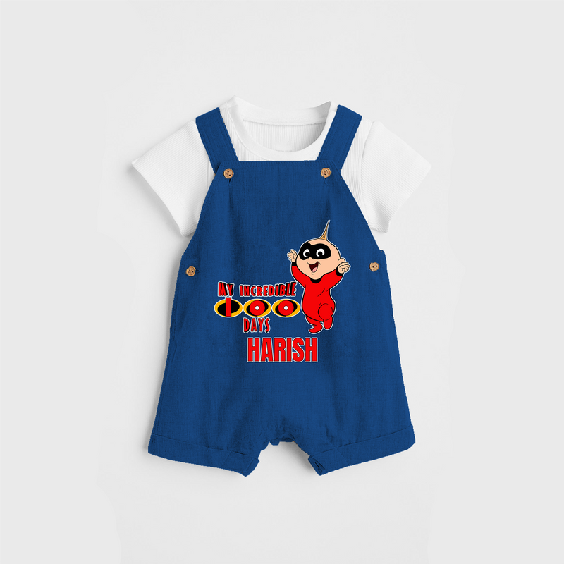 Celebrate your Little One's 100 days Birthday with "My Incredible 100 Days" Themed Personalized Dungaree set - COBALT BLUE - 0 - 5 Months Old (Chest 17")