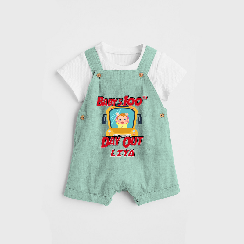 Celebrate your Little One's 100 days Birthday with "Baby's 100th Day Out" Themed Personalized Dungaree set - LIGHT GREEN - 0 - 5 Months Old (Chest 17")