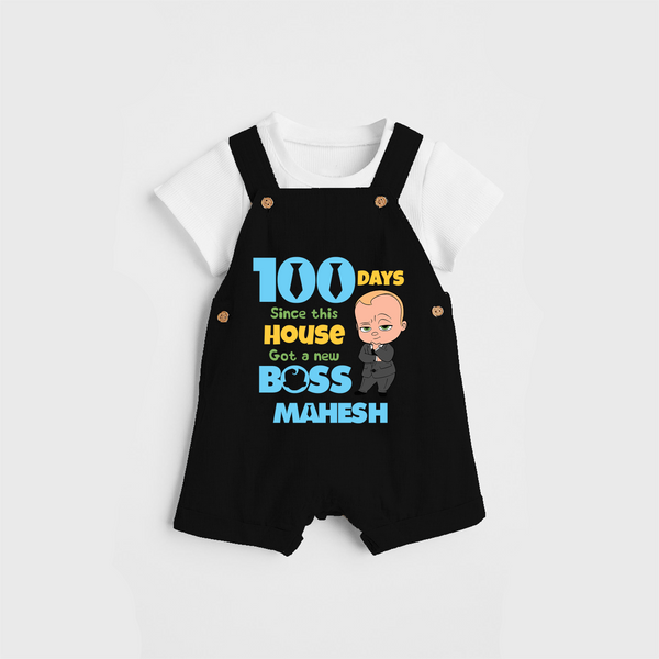 Celebrate your Little One's 100 days Birthday with "100 Days Since This House Got a New Boss" Themed Personalized Dungaree set - BLACK - 0 - 5 Months Old (Chest 17")