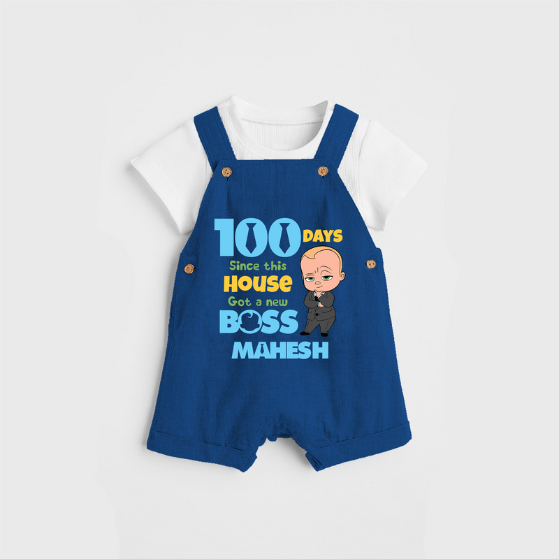 Celebrate your Little One's 100 days Birthday with "100 Days Since This House Got a New Boss" Themed Personalized Dungaree set - COBALT BLUE - 0 - 5 Months Old (Chest 17")