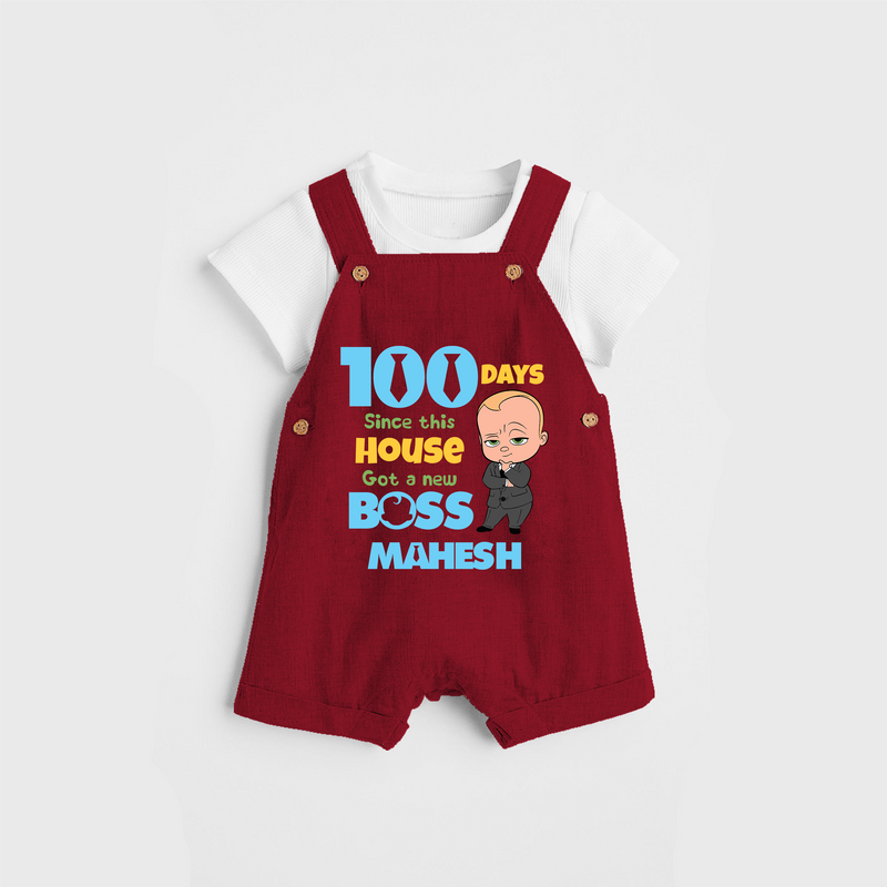 Celebrate your Little One's 100 days Birthday with "100 Days Since This House Got a New Boss" Themed Personalized Dungaree set - RED - 0 - 5 Months Old (Chest 17")