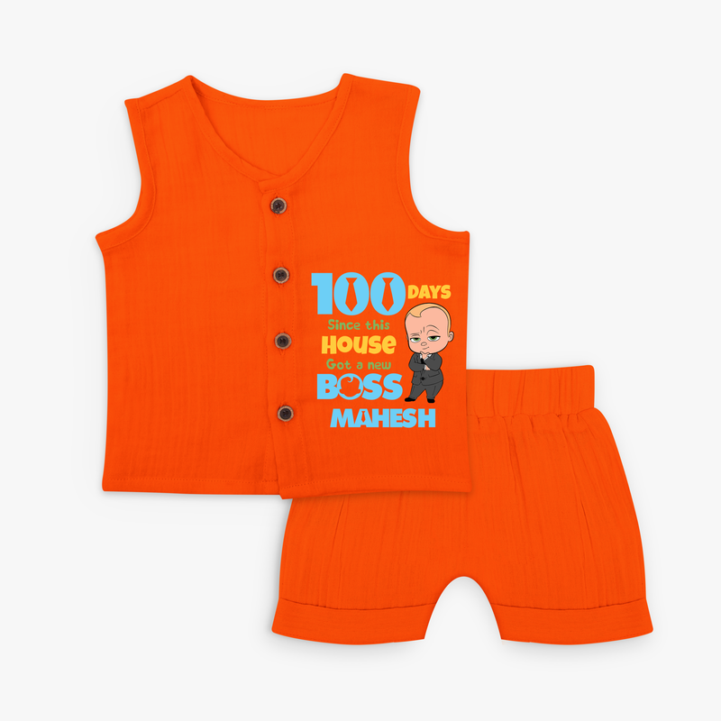 Celebrate your Little One's 100 days Birthday with "100 Days Since This House Got a New Boss" Themed Personalized Jabla - TANGERINE - 0 - 3 Months Old (Chest 9.8")