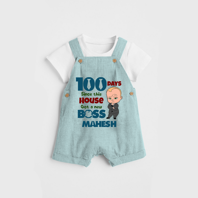 Celebrate your Little One's 100 days Birthday with "100 Days Since This House Got a New Boss" Themed Personalized Dungaree set - ARCTIC BLUE - 0 - 5 Months Old (Chest 17")