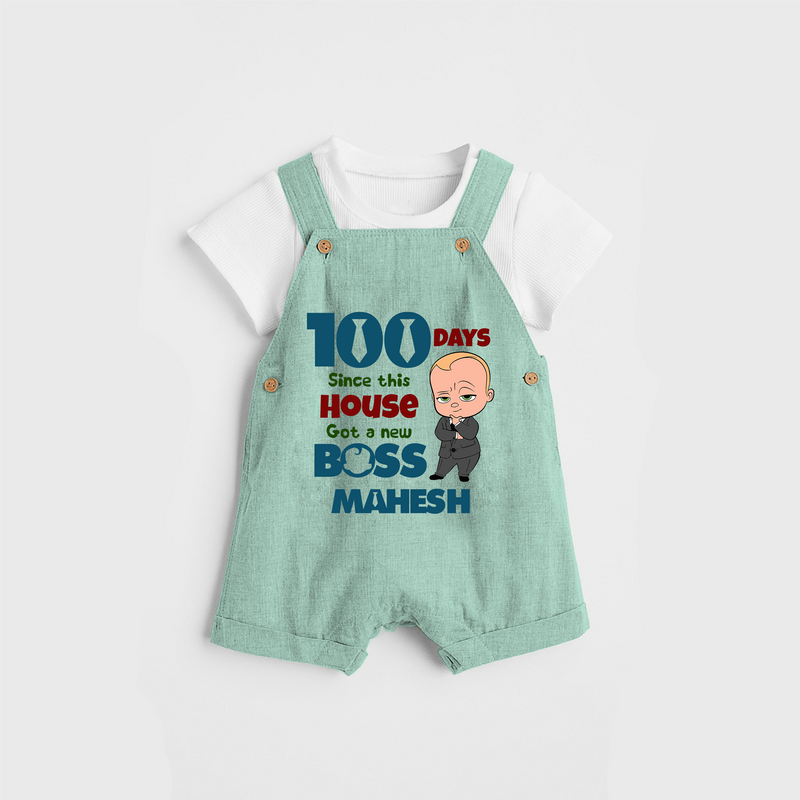 Celebrate your Little One's 100 days Birthday with "100 Days Since This House Got a New Boss" Themed Personalized Dungaree set - LIGHT GREEN - 0 - 5 Months Old (Chest 17")