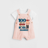 Celebrate your Little One's 100 days Birthday with "100 Days Since This House Got a New Boss" Themed Personalized Dungaree set - PEACH - 0 - 5 Months Old (Chest 17")