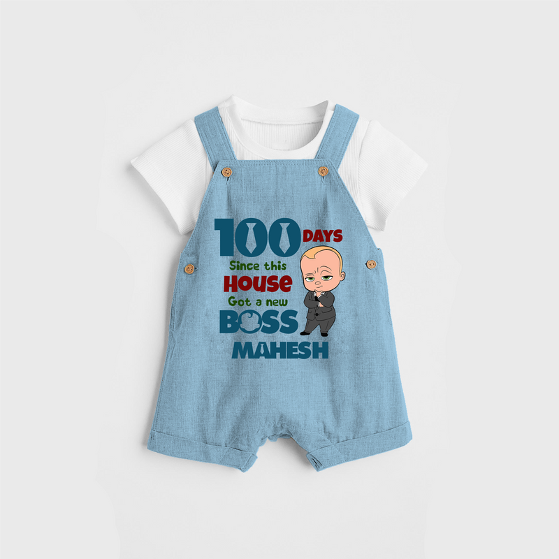 Celebrate your Little One's 100 days Birthday with "100 Days Since This House Got a New Boss" Themed Personalized Dungaree set - SKY BLUE - 0 - 5 Months Old (Chest 17")