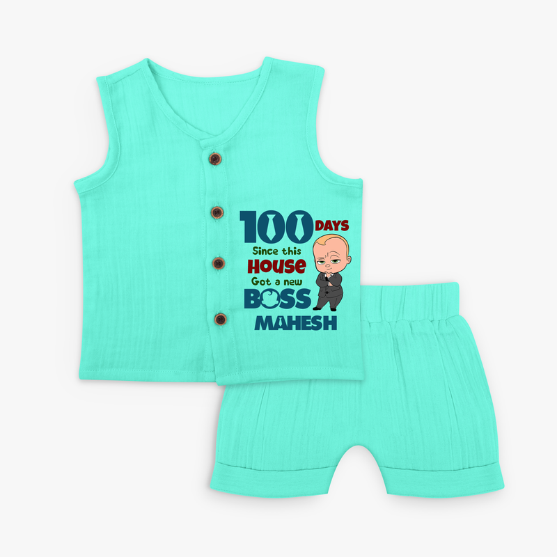 Celebrate your Little One's 100 days Birthday with "100 Days Since This House Got a New Boss" Themed Personalized Jabla - AQUA GREEN - 0 - 3 Months Old (Chest 9.8")