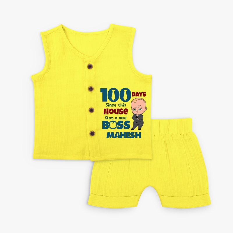 Celebrate your Little One's 100 days Birthday with "100 Days Since This House Got a New Boss" Themed Personalized Jabla - YELLOW - 0 - 3 Months Old (Chest 9.8")