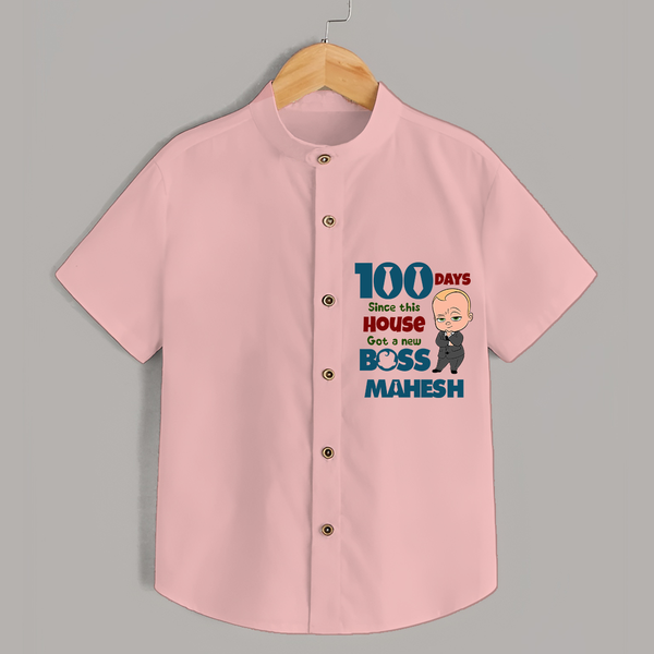 Celebrate your Little One's 100 days Birthday with "100 Days Since This House Got a New Boss" Themed Personalized Shirt - PEACH - 0 - 6 Months Old (Chest 21")