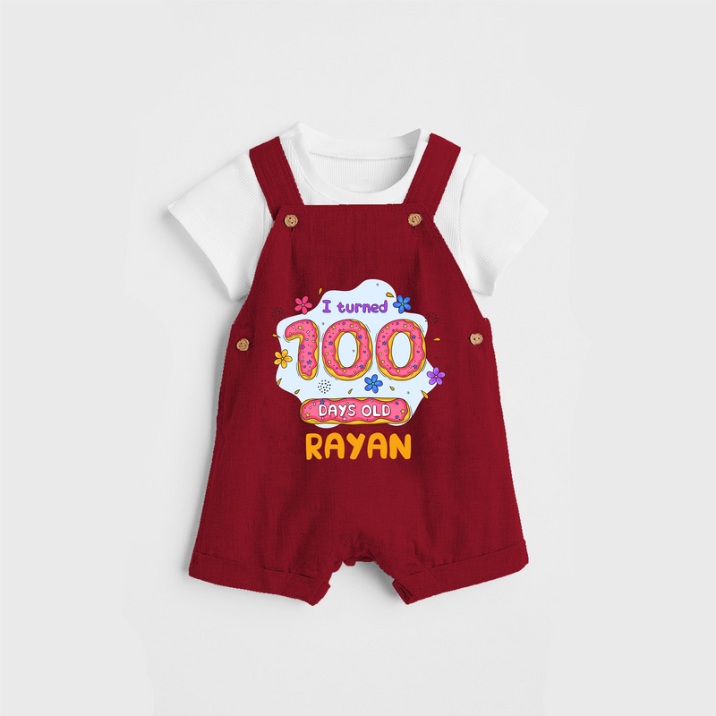 Celebrate your Little One's 100 days Birthday with "I Turned 100 Days Old" Themed Personalized Dungaree set - RED - 0 - 5 Months Old (Chest 17")