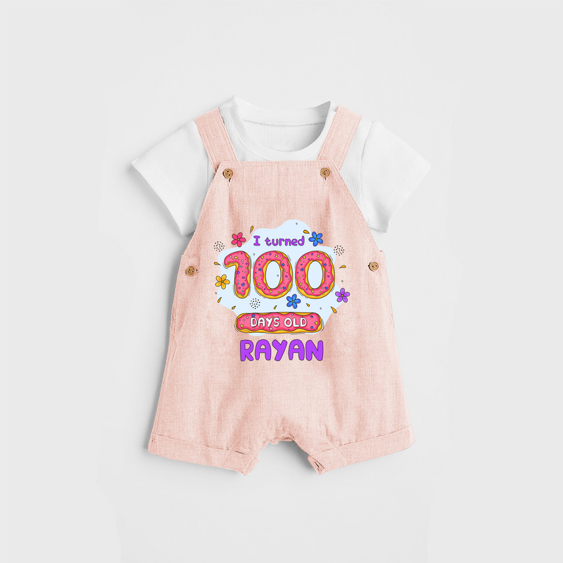 Celebrate your Little One's 100 days Birthday with "I Turned 100 Days Old" Themed Personalized Dungaree set - PEACH - 0 - 5 Months Old (Chest 17")