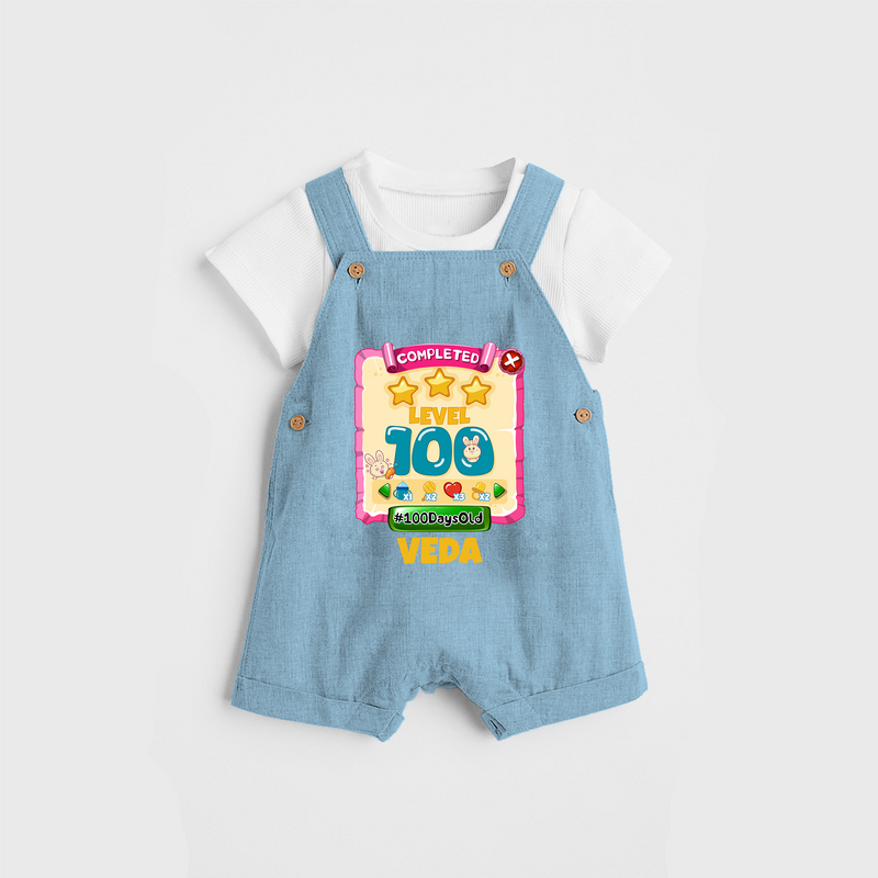 Celebrate your Little One's 100 days Birthday with "Completed 100 Level" Themed Personalized Dungaree set - SKY BLUE - 0 - 5 Months Old (Chest 17")