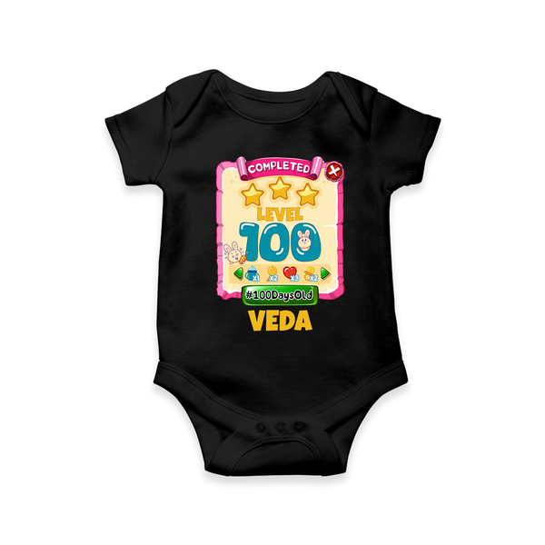 Celebrate your Little One's 100 days Birthday with "Completed 100 Level" Themed Personalized Romper - BLACK - 0 - 3 Months Old (Chest 16")