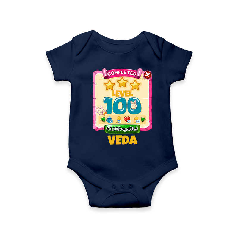 Celebrate your Little One's 100 days Birthday with "Completed 100 Level" Themed Personalized Romper - NAVY BLUE - 0 - 3 Months Old (Chest 16")