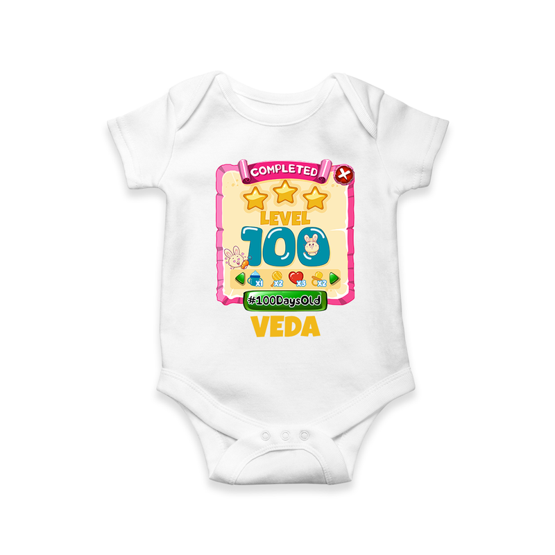 Celebrate your Little One's 100 days Birthday with "Completed 100 Level" Themed Personalized Romper - WHITE - 0 - 3 Months Old (Chest 16")