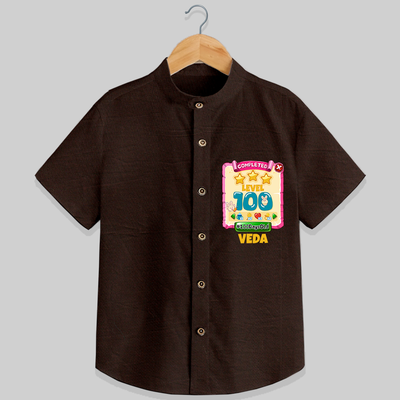 Celebrate your Little One's 100 days Birthday with "Completed 100 Level" Themed Personalized Shirt - CHOCOLATE BROWN - 0 - 6 Months Old (Chest 21")