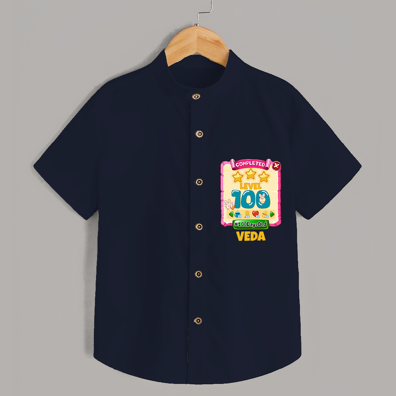 Celebrate your Little One's 100 days Birthday with "Completed 100 Level" Themed Personalized Shirt - NAVY BLUE - 0 - 6 Months Old (Chest 21")