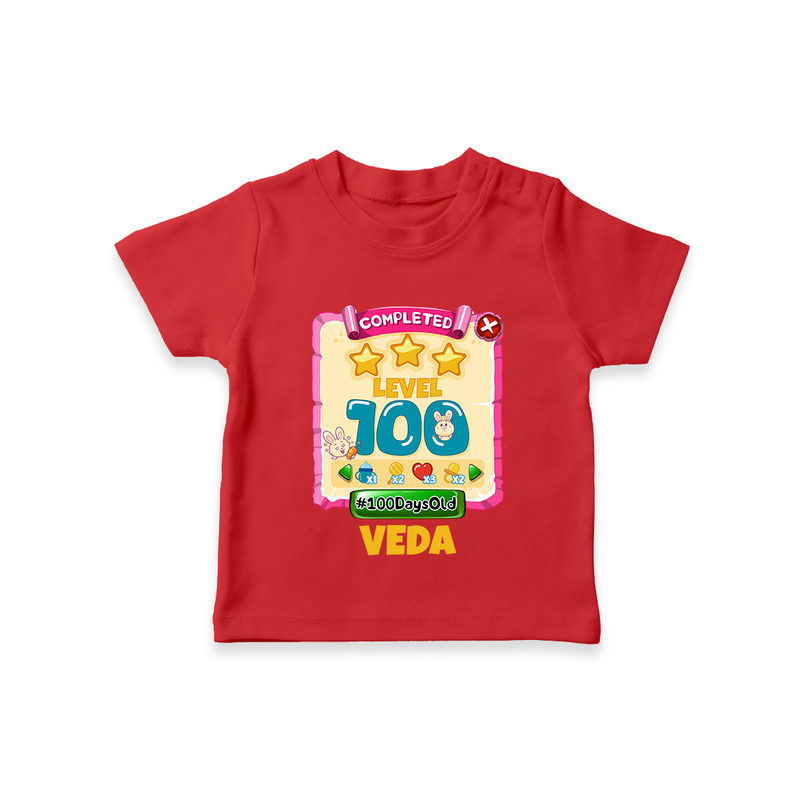 Celebrate your Little One's 100 days Birthday with "Completed 100 Level" Themed Personalized T-shirt - RED - 0 - 5 Months Old (Chest 17")