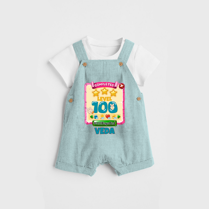 Celebrate your Little One's 100 days Birthday with "Completed 100 Level" Themed Personalized Dungaree set - ARCTIC BLUE - 0 - 5 Months Old (Chest 17")