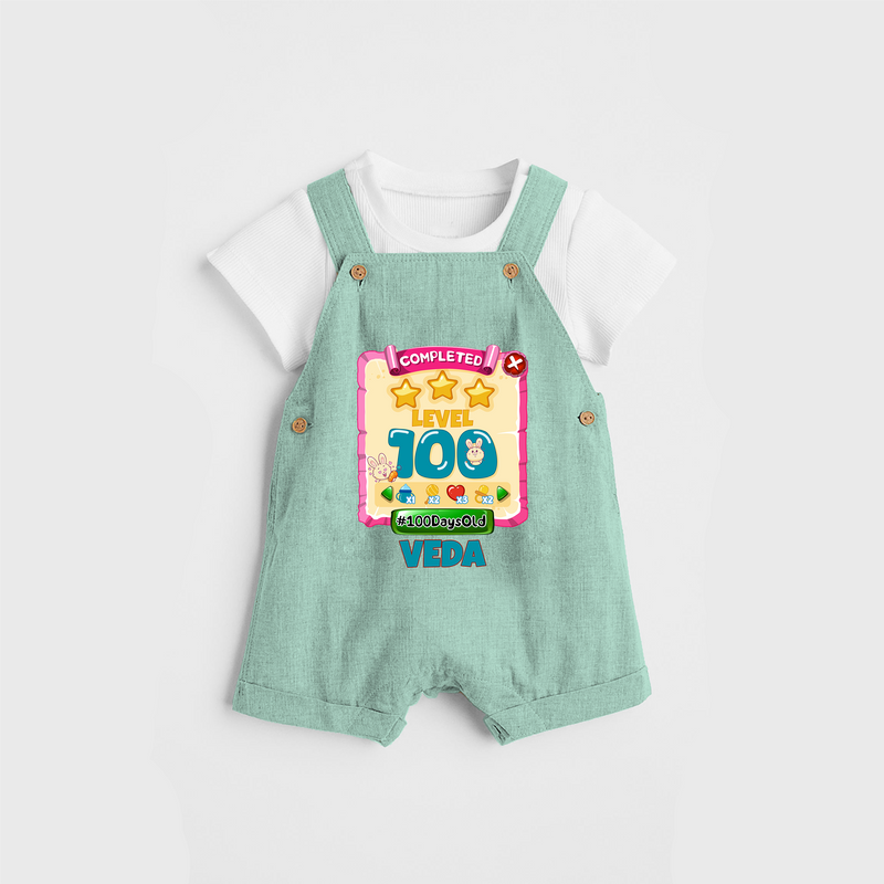 Celebrate your Little One's 100 days Birthday with "Completed 100 Level" Themed Personalized Dungaree set - LIGHT GREEN - 0 - 5 Months Old (Chest 17")