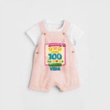 Celebrate your Little One's 100 days Birthday with "Completed 100 Level" Themed Personalized Dungaree set - PEACH - 0 - 5 Months Old (Chest 17")