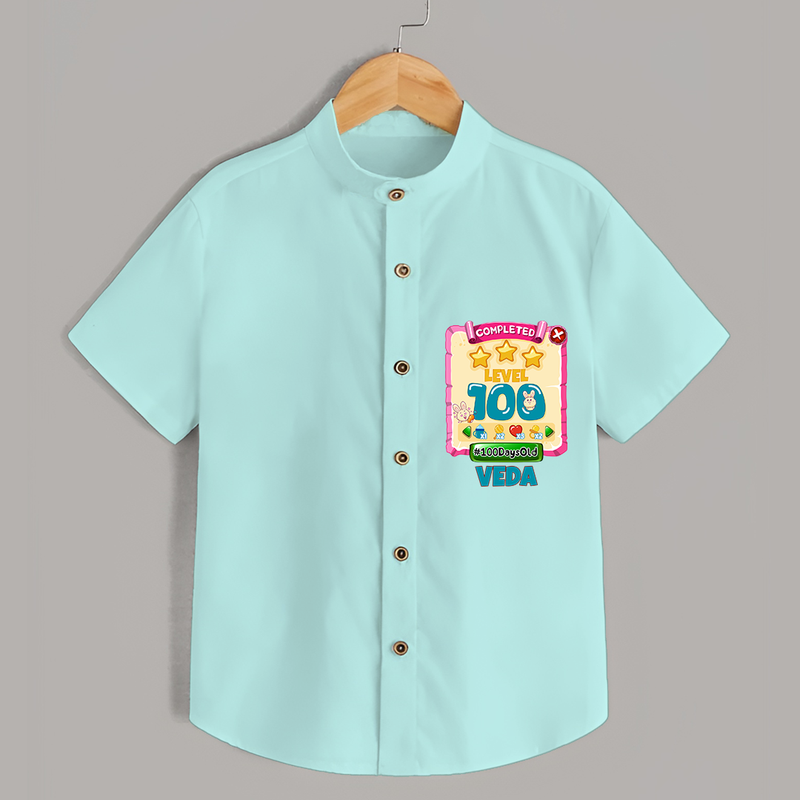 Celebrate your Little One's 100 days Birthday with "Completed 100 Level" Themed Personalized Shirt - ARCTIC BLUE - 0 - 6 Months Old (Chest 21")
