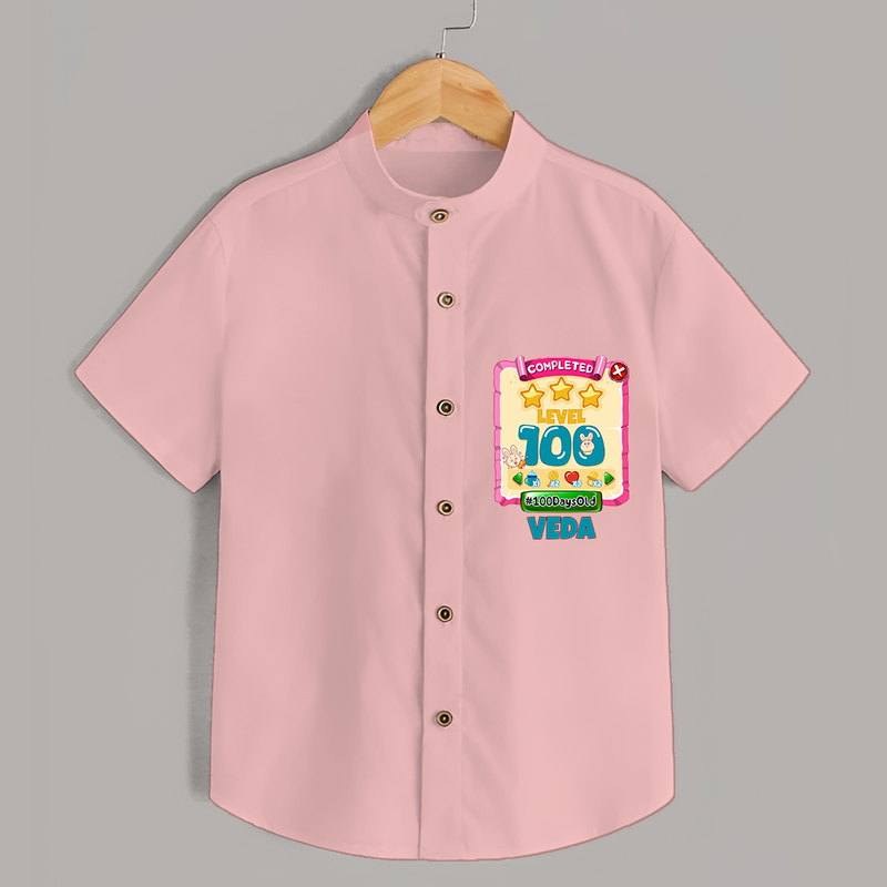 Celebrate your Little One's 100 days Birthday with "Completed 100 Level" Themed Personalized Shirt - PEACH - 0 - 6 Months Old (Chest 21")