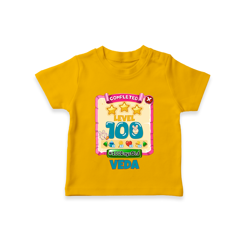 Celebrate your Little One's 100 days Birthday with "Completed 100 Level" Themed Personalized T-shirt - CHROME YELLOW - 0 - 5 Months Old (Chest 17")