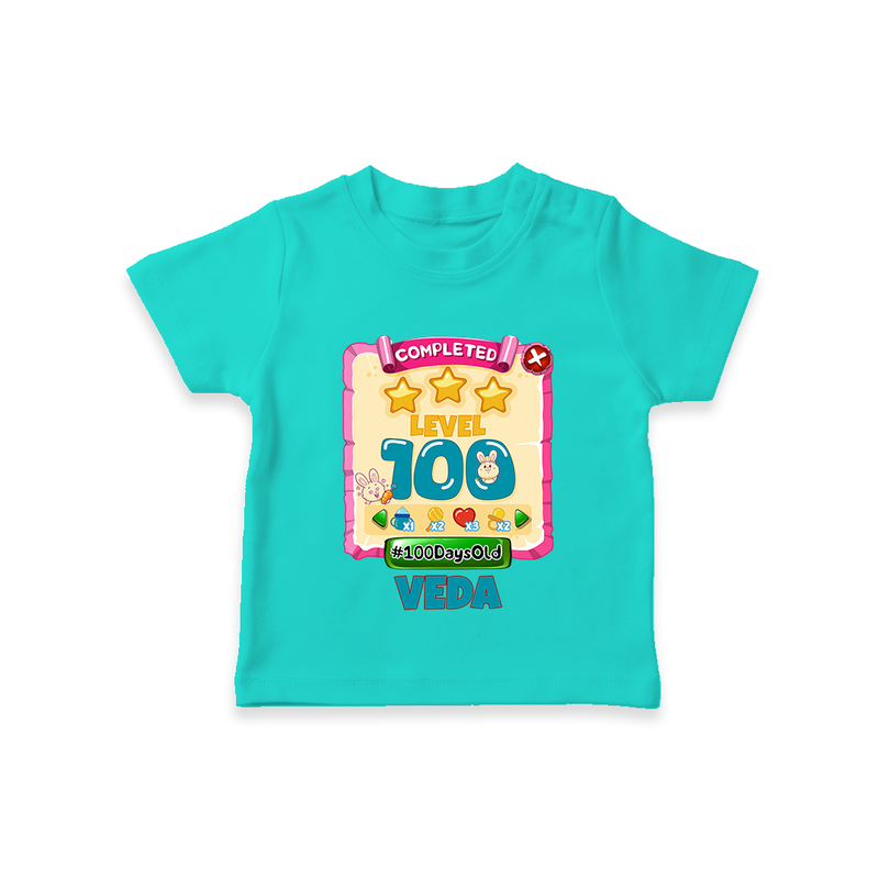 Celebrate your Little One's 100 days Birthday with "Completed 100 Level" Themed Personalized T-shirt - TEAL - 0 - 5 Months Old (Chest 17")