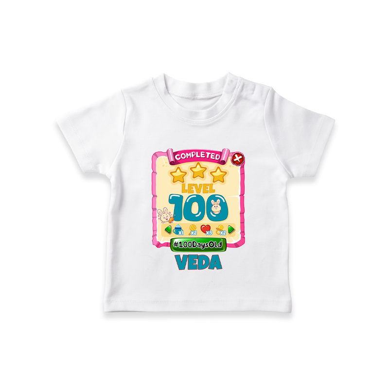 Celebrate your Little One's 100 days Birthday with "Completed 100 Level" Themed Personalized T-shirt - WHITE - 0 - 5 Months Old (Chest 17")