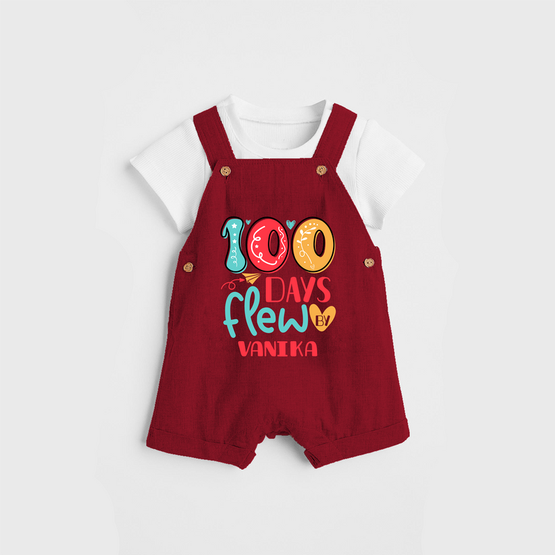 Celebrate your Little One's 100 days Birthday with "100 Days Flew" Themed Personalized Dungaree set - RED - 0 - 5 Months Old (Chest 17")