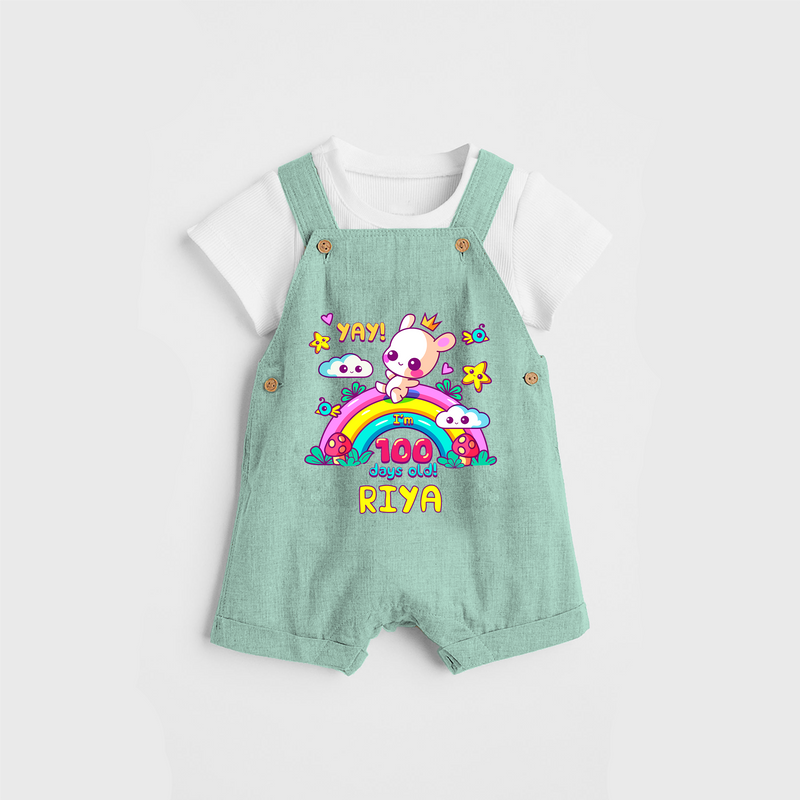 Celebrate your Little One's 100 days Birthday with "Yay I'm 100 Days Old" Themed Personalized Dungaree set - LIGHT GREEN - 0 - 5 Months Old (Chest 17")